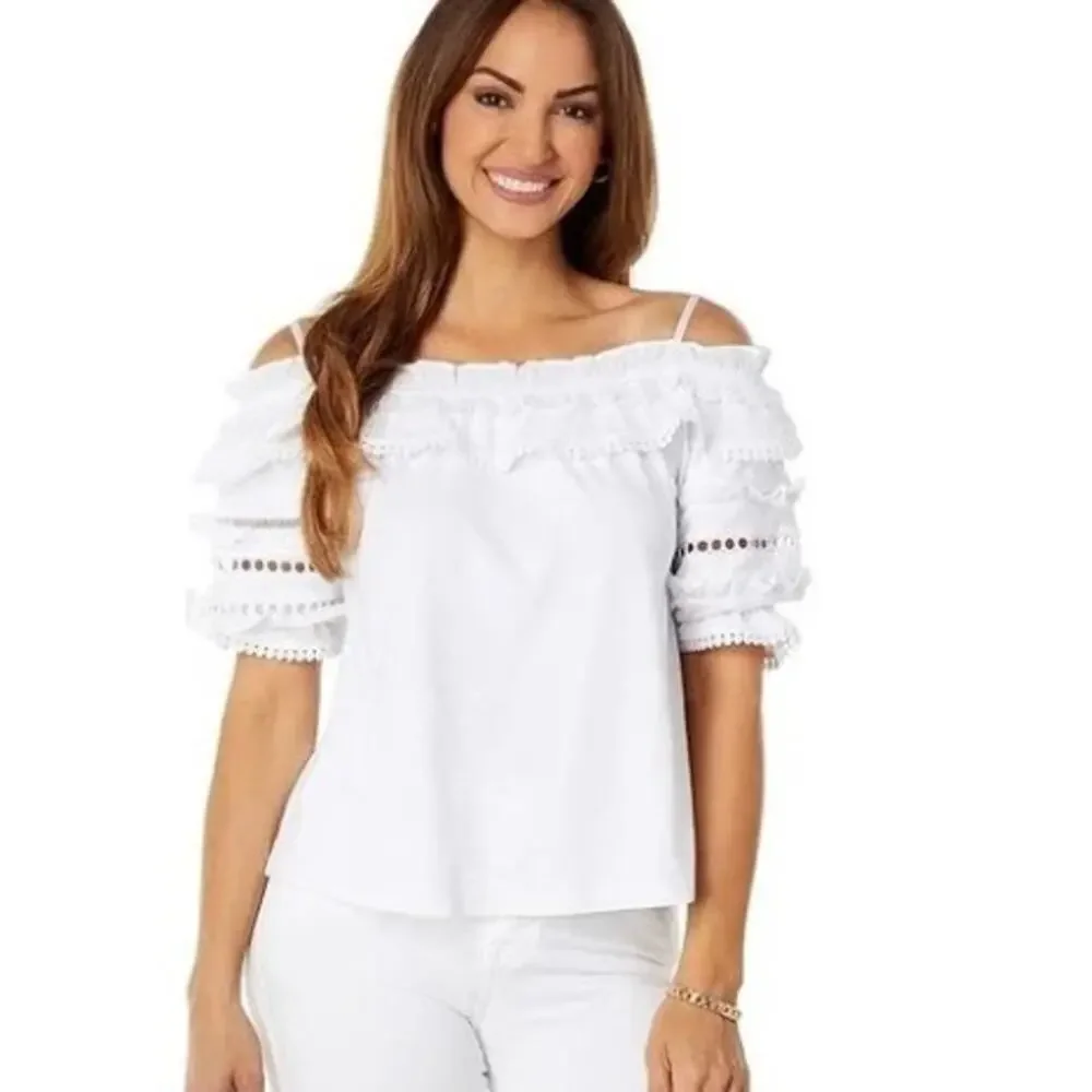 Lilly Pulitzer Brentwood Off The Shoulder Top Size Small Ruffle Cutout White